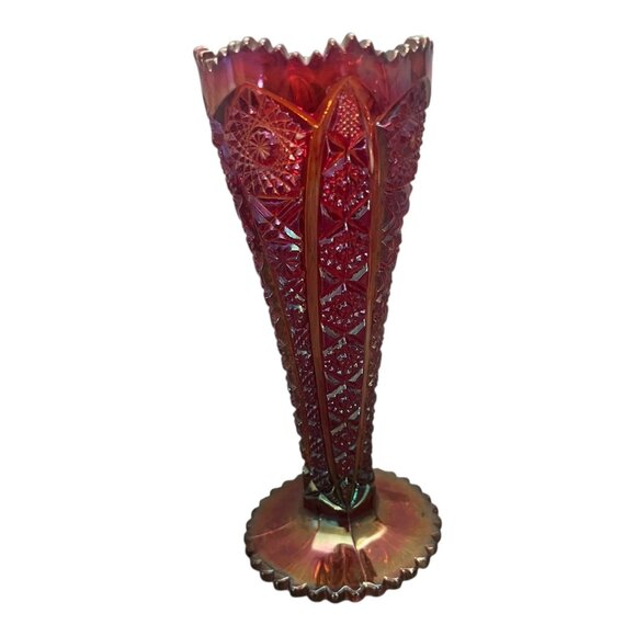 Vintage Imperial Glass Red Carnival Hobstar Iridescent Trumpet Vase - Picture 2 of 6